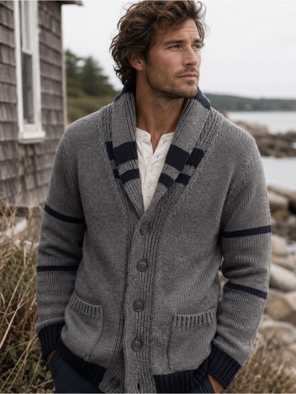 VTG Made In Italy Men Gray Wool Chunky Knit Cardigan Sweater SMALL Coastal Cozy